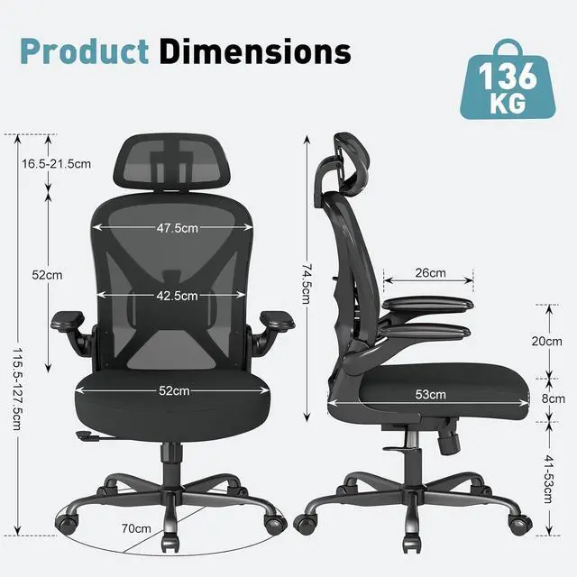 Alt view image 2 of 7 - ZZH Ergonomic Office Chair with Adjustable Lumbar Support and Headrest, Mesh Home Office Desk Chair with Wheels and Flip-up Arms, Black