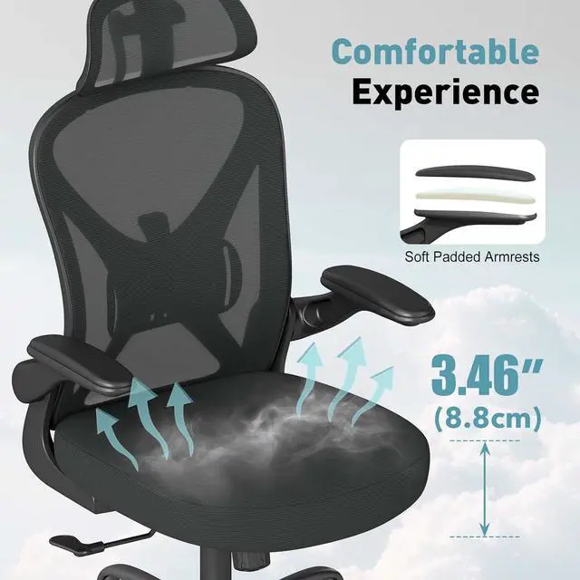 Alt view image 3 of 7 - ZZH Ergonomic Office Chair with Adjustable Lumbar Support and Headrest, Mesh Home Office Desk Chair with Wheels and Flip-up Arms, Black