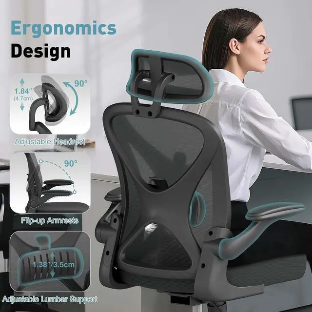 Alt view image 4 of 7 - ZZH Ergonomic Office Chair with Adjustable Lumbar Support and Headrest, Mesh Home Office Desk Chair with Wheels and Flip-up Arms, Black