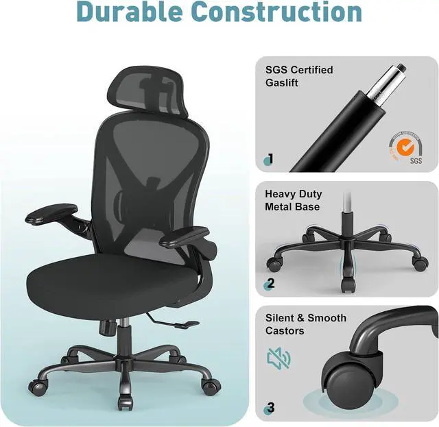 Alt view image 6 of 7 - ZZH Ergonomic Office Chair with Adjustable Lumbar Support and Headrest, Mesh Home Office Desk Chair with Wheels and Flip-up Arms, Black