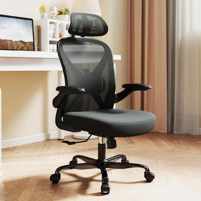 Alt view image 7 of 7 - ZZH Ergonomic Office Chair with Adjustable Lumbar Support and Headrest, Mesh Home Office Desk Chair with Wheels and Flip-up Arms, Black