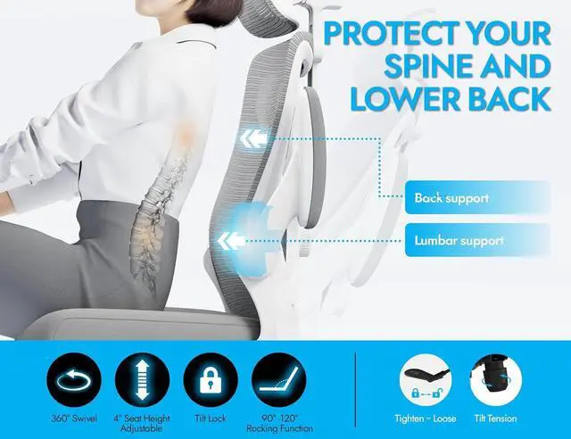 Alt view image 7 of 7 - Ergonomic Office Chair: 330LBS Computer Desk Chair Comfy-Mesh High Back Gaming Rolling Chairs with Adjustable Lumbar Support-Executive Task Chair for Adults (White Gray)