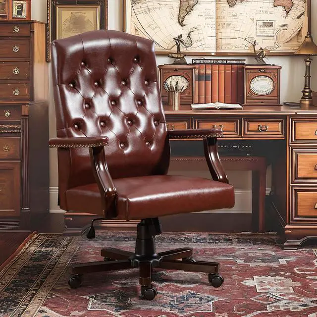 Alt view image 2 of 7 - ECOTOUGE Executive Office Chair, High Back Computer Chair with Upholstered Backrest Vinage Farmhouse Retro Style, Faux Leather Wing Back Swivel Boss Home Chair, Brown