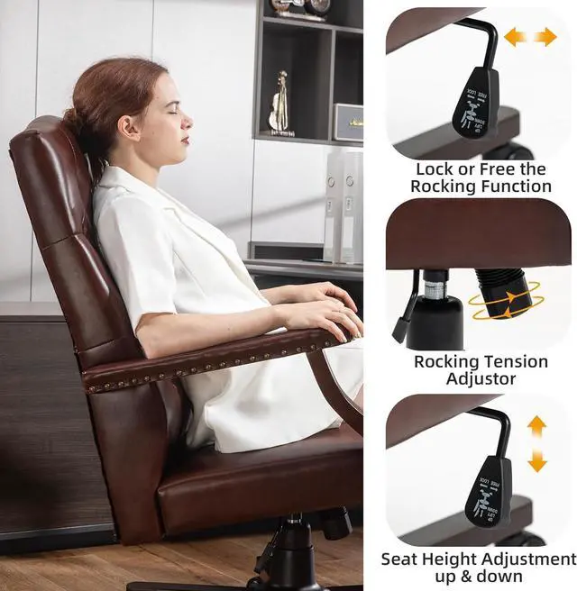 Alt view image 5 of 7 - ECOTOUGE Executive Office Chair, High Back Computer Chair with Upholstered Backrest Vinage Farmhouse Retro Style, Faux Leather Wing Back Swivel Boss Home Chair, Brown