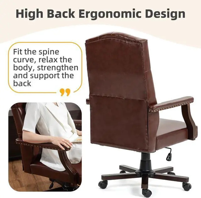 Alt view image 6 of 7 - ECOTOUGE Executive Office Chair, High Back Computer Chair with Upholstered Backrest Vinage Farmhouse Retro Style, Faux Leather Wing Back Swivel Boss Home Chair, Brown