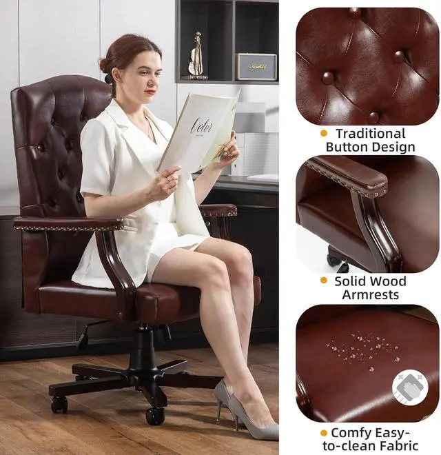 Alt view image 4 of 7 - ECOTOUGE Executive Office Chair, High Back Computer Chair with Upholstered Backrest Vinage Farmhouse Retro Style, Faux Leather Wing Back Swivel Boss Home Chair, Brown
