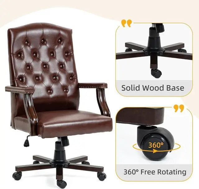 Alt view image 7 of 7 - ECOTOUGE Executive Office Chair, High Back Computer Chair with Upholstered Backrest Vinage Farmhouse Retro Style, Faux Leather Wing Back Swivel Boss Home Chair, Brown