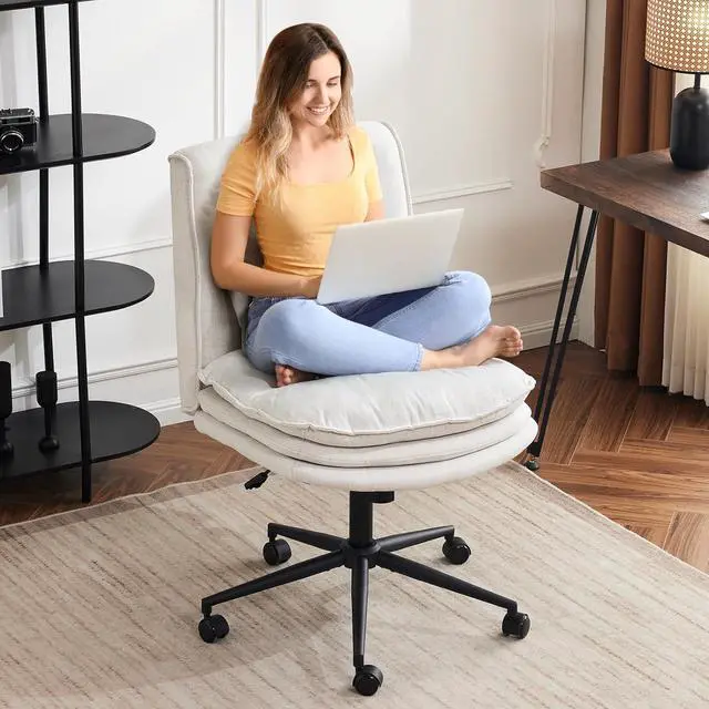 Main image of VINGLI Cloud Criss Cross Legged Chair,18" High Back Armless Home Office Desk Chair with Wheels,Wide Adjustable Comfy Padded Seat Task Computer Chair,Modern Swivel Makeup Vanity Chair,Fabric,Beige