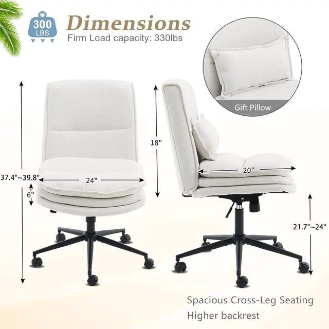 Alt view image 2 of 7 - VINGLI Cloud Criss Cross Legged Chair,18" High Back Armless Home Office Desk Chair with Wheels,Wide Adjustable Comfy Padded Seat Task Computer Chair,Modern Swivel Makeup Vanity Chair,Fabric,Beige