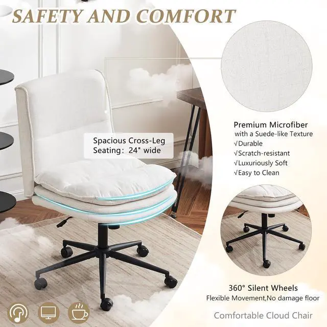 Alt view image 4 of 7 - VINGLI Cloud Criss Cross Legged Chair,18" High Back Armless Home Office Desk Chair with Wheels,Wide Adjustable Comfy Padded Seat Task Computer Chair,Modern Swivel Makeup Vanity Chair,Fabric,Beige