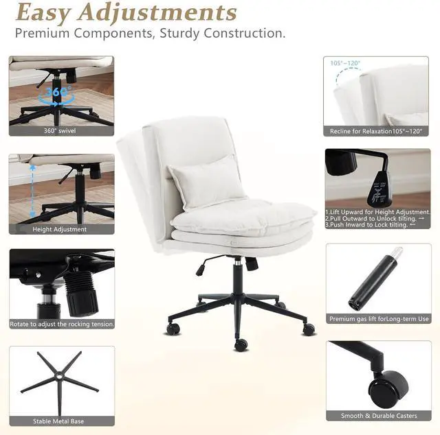 Alt view image 6 of 7 - VINGLI Cloud Criss Cross Legged Chair,18" High Back Armless Home Office Desk Chair with Wheels,Wide Adjustable Comfy Padded Seat Task Computer Chair,Modern Swivel Makeup Vanity Chair,Fabric,Beige