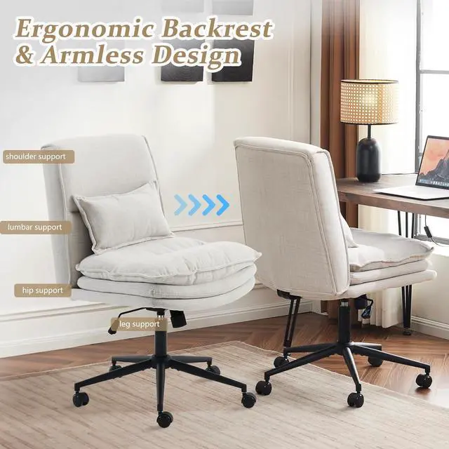 Alt view image 7 of 7 - VINGLI Cloud Criss Cross Legged Chair,18" High Back Armless Home Office Desk Chair with Wheels,Wide Adjustable Comfy Padded Seat Task Computer Chair,Modern Swivel Makeup Vanity Chair,Fabric,Beige