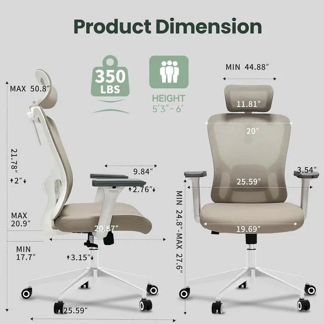 Alt view image 2 of 7 - Ergonomic Office Chair - 350LB Mesh Office Chair with Adjustable Lumbar, High Back Computer Chair with 3D Armrests, Comfy Chair with 2D Headrest & Tilt Function for Study, Work, Gaming