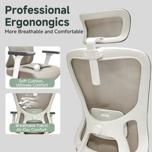 Alt view image 3 of 7 - Ergonomic Office Chair - 350LB Mesh Office Chair with Adjustable Lumbar, High Back Computer Chair with 3D Armrests, Comfy Chair with 2D Headrest & Tilt Function for Study, Work, Gaming