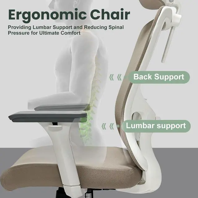 Alt view image 4 of 7 - Ergonomic Office Chair - 350LB Mesh Office Chair with Adjustable Lumbar, High Back Computer Chair with 3D Armrests, Comfy Chair with 2D Headrest & Tilt Function for Study, Work, Gaming