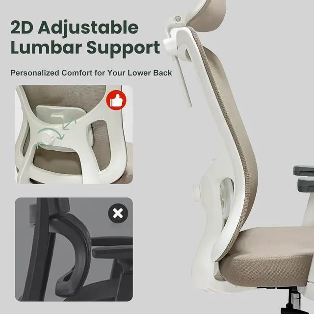 Alt view image 6 of 7 - Ergonomic Office Chair - 350LB Mesh Office Chair with Adjustable Lumbar, High Back Computer Chair with 3D Armrests, Comfy Chair with 2D Headrest & Tilt Function for Study, Work, Gaming