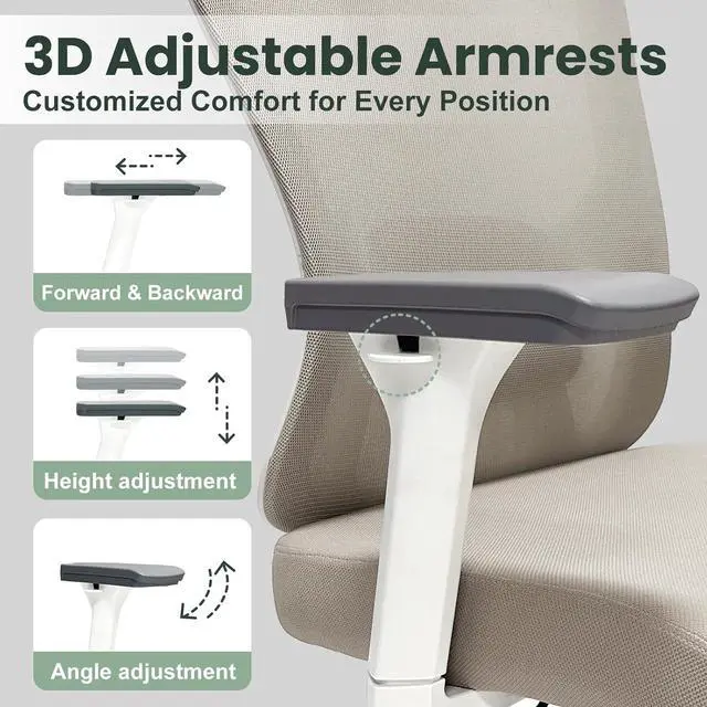 Alt view image 7 of 7 - Ergonomic Office Chair - 350LB Mesh Office Chair with Adjustable Lumbar, High Back Computer Chair with 3D Armrests, Comfy Chair with 2D Headrest & Tilt Function for Study, Work, Gaming