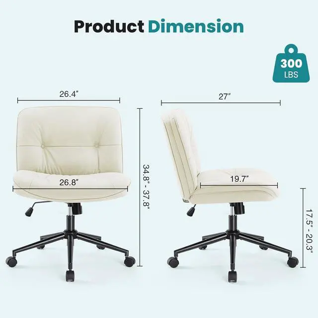 Alt view image 2 of 6 - OLIXIS Criss Cross Chair with Wheels, Armless Wide Cross Legged Vanity Office Desk Chair with Comfy PU Leather& Back - Swivel for Home Office Bedroom, Beige