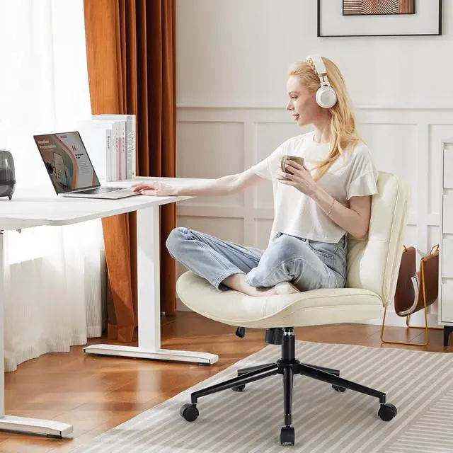 Alt view image 3 of 6 - OLIXIS Criss Cross Chair with Wheels, Armless Wide Cross Legged Vanity Office Desk Chair with Comfy PU Leather& Back - Swivel for Home Office Bedroom, Beige