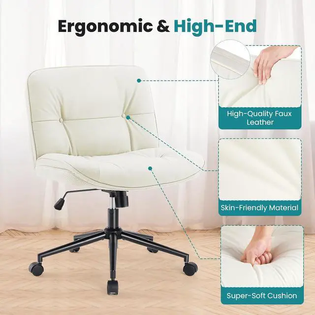 Alt view image 4 of 6 - OLIXIS Criss Cross Chair with Wheels, Armless Wide Cross Legged Vanity Office Desk Chair with Comfy PU Leather& Back - Swivel for Home Office Bedroom, Beige