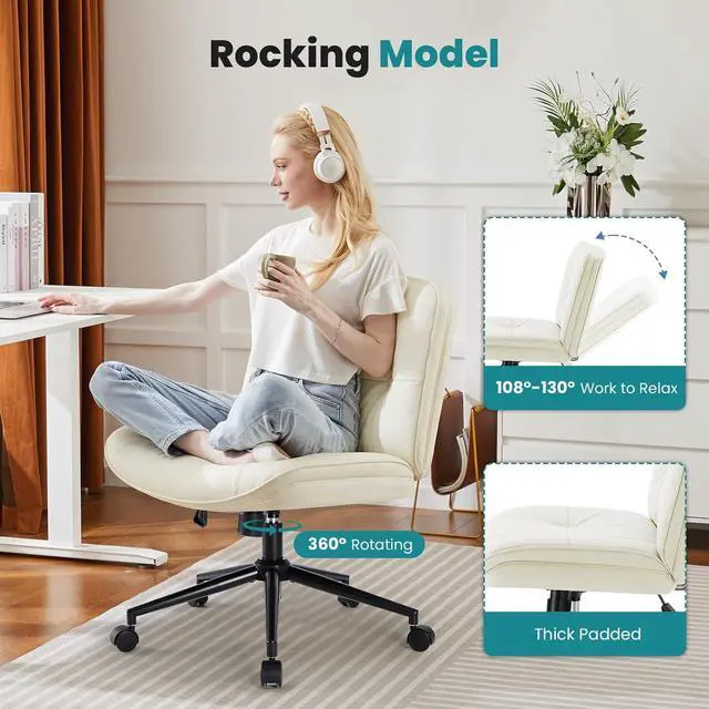 Alt view image 6 of 6 - OLIXIS Criss Cross Chair with Wheels, Armless Wide Cross Legged Vanity Office Desk Chair with Comfy PU Leather& Back - Swivel for Home Office Bedroom, Beige