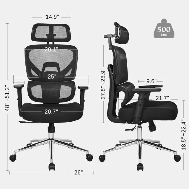 Alt view image 3 of 7 - VECELO High Back Ergonomic Office Chair, Big and Tall Mesh Desk Chair with Wheels, Tilt Function, 3D Armrests & Headrest, Lumbar Support, Swivel Rolling Computer Chair for Task, Home Office, Black