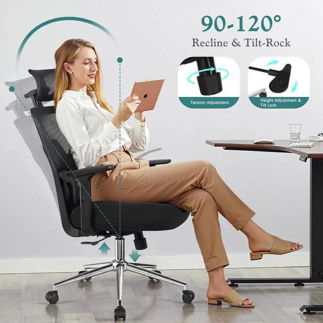 Alt view image 4 of 7 - VECELO High Back Ergonomic Office Chair, Big and Tall Mesh Desk Chair with Wheels, Tilt Function, 3D Armrests & Headrest, Lumbar Support, Swivel Rolling Computer Chair for Task, Home Office, Black