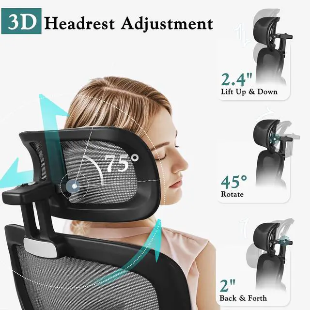 Alt view image 5 of 7 - VECELO High Back Ergonomic Office Chair, Big and Tall Mesh Desk Chair with Wheels, Tilt Function, 3D Armrests & Headrest, Lumbar Support, Swivel Rolling Computer Chair for Task, Home Office, Black