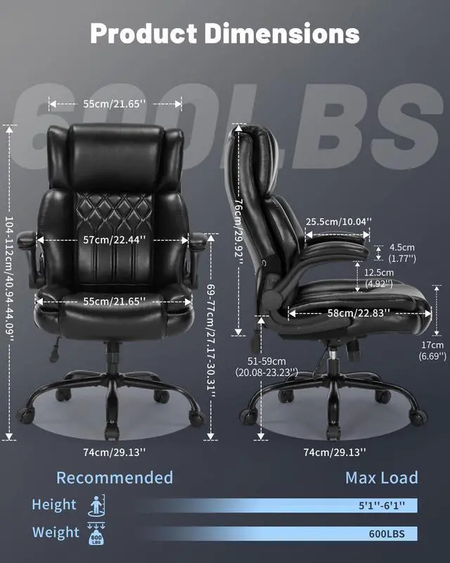 Alt view image 2 of 7 - 600LBS Large Heavy Duty Office Chair, Big and Tall Office Chair for Heavy People, Executive Desk Chair with Lumbar Support, Computer Desk Chairs with Flip Up Arm