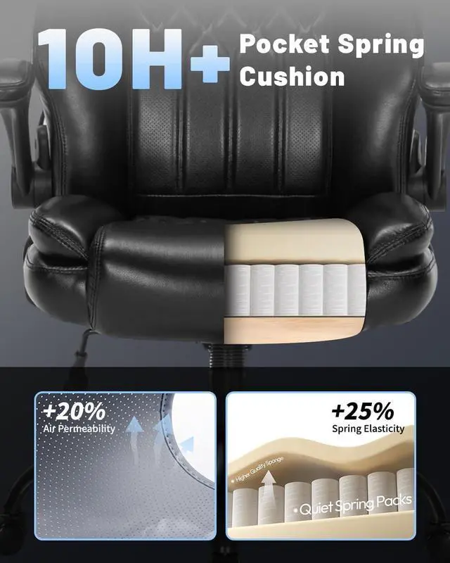 Alt view image 3 of 7 - 600LBS Large Heavy Duty Office Chair, Big and Tall Office Chair for Heavy People, Executive Desk Chair with Lumbar Support, Computer Desk Chairs with Flip Up Arm