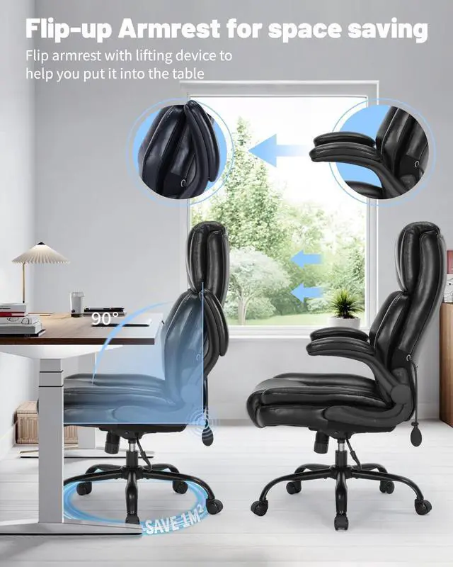 Alt view image 4 of 7 - 600LBS Large Heavy Duty Office Chair, Big and Tall Office Chair for Heavy People, Executive Desk Chair with Lumbar Support, Computer Desk Chairs with Flip Up Arm