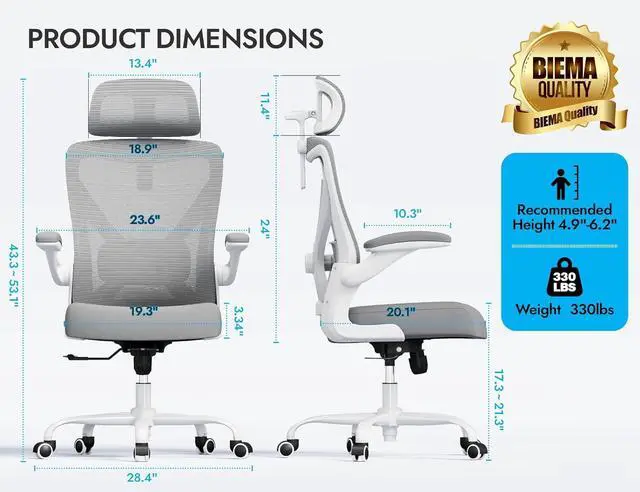 Alt view image 2 of 7 - Ergonomic Office Chair: 330LBS Computer Desk Chair Comfy-Mesh High Back Gaming Rolling Chairs with Adjustable Lumbar Support-Executive Task Chair for Adults (White Gray)