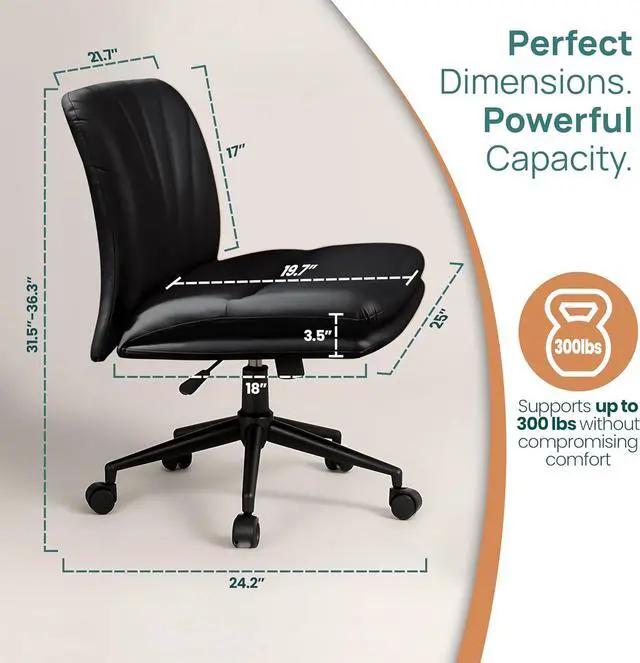 Alt view image 2 of 7 - NYPOT Armless Desk Chair with Wheels for Criss Cross Sitting - Cross Legged Wide Armless Chair - Adjustable Vanity 360° Swivel Stool and 120° Rocking Wide Seat Comfy for Home and Office, Color Black