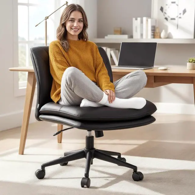 Main image of NYPOT Armless Desk Chair with Wheels for Criss Cross Sitting - Cross Legged Wide Armless Chair - Adjustable Vanity 360° Swivel Stool and 120° Rocking Wide Seat Comfy for Home and Office, Color Black