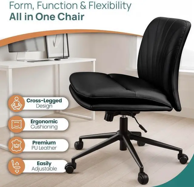 Alt view image 4 of 7 - NYPOT Armless Desk Chair with Wheels for Criss Cross Sitting - Cross Legged Wide Armless Chair - Adjustable Vanity 360° Swivel Stool and 120° Rocking Wide Seat Comfy for Home and Office, Color Black