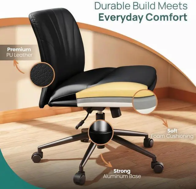Alt view image 6 of 7 - NYPOT Armless Desk Chair with Wheels for Criss Cross Sitting - Cross Legged Wide Armless Chair - Adjustable Vanity 360° Swivel Stool and 120° Rocking Wide Seat Comfy for Home and Office, Color Black