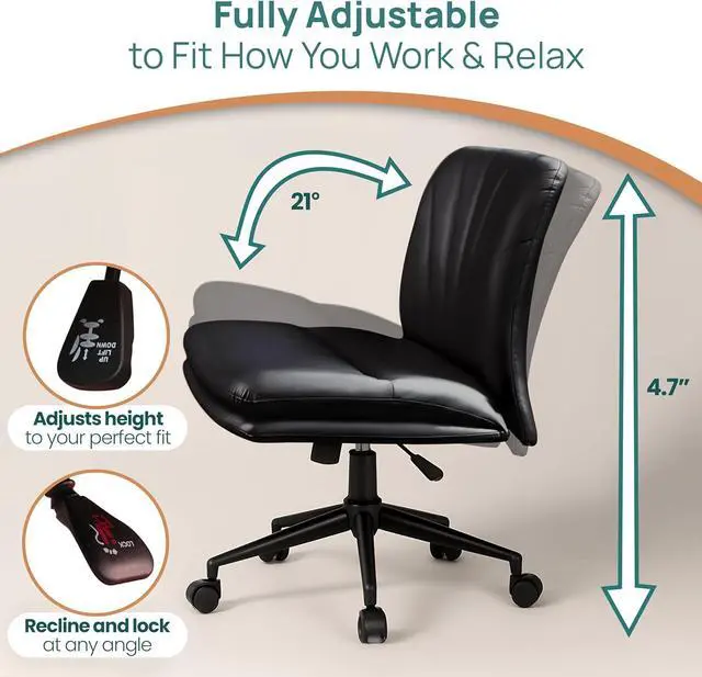 Alt view image 7 of 7 - NYPOT Armless Desk Chair with Wheels for Criss Cross Sitting - Cross Legged Wide Armless Chair - Adjustable Vanity 360° Swivel Stool and 120° Rocking Wide Seat Comfy for Home and Office, Color Black