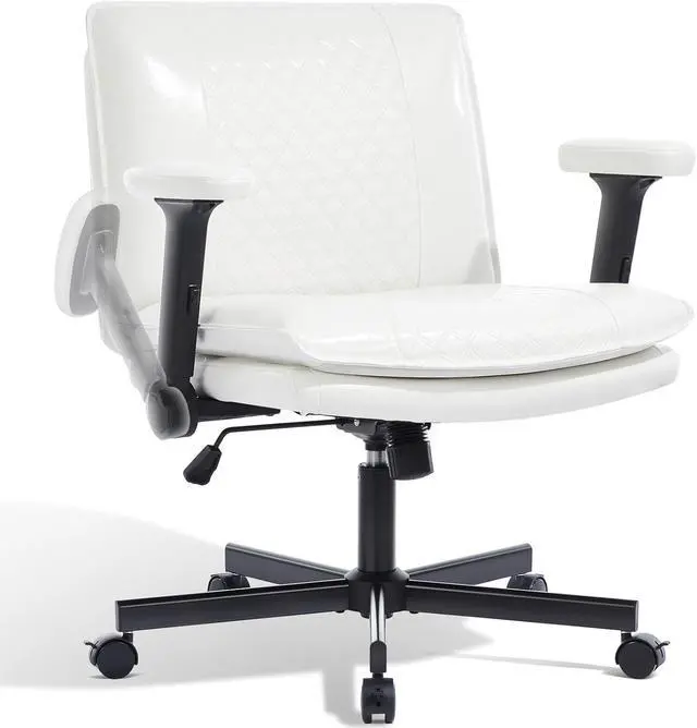 Main image of Criss Cross Chair with Flip-Up Arms and Lockable Wheels, Leather Cross Legged Office Desk ChairWider 125°Tilting Adjustable Swivel Computer Chair for Home, Apartment, Bedroom,White