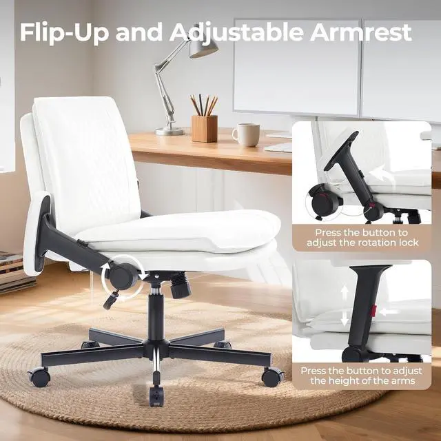 Alt view image 3 of 7 - Criss Cross Chair with Flip-Up Arms and Lockable Wheels, Leather Cross Legged Office Desk ChairWider 125°Tilting Adjustable Swivel Computer Chair for Home, Apartment, Bedroom,White