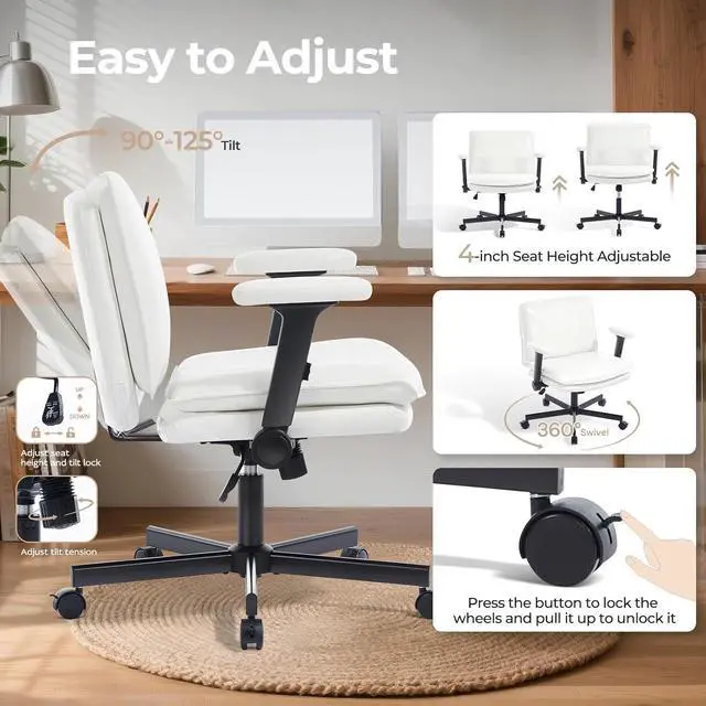 Alt view image 4 of 7 - Criss Cross Chair with Flip-Up Arms and Lockable Wheels, Leather Cross Legged Office Desk ChairWider 125°Tilting Adjustable Swivel Computer Chair for Home, Apartment, Bedroom,White