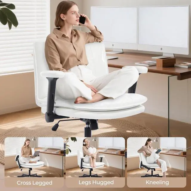 Alt view image 5 of 7 - Criss Cross Chair with Flip-Up Arms and Lockable Wheels, Leather Cross Legged Office Desk ChairWider 125°Tilting Adjustable Swivel Computer Chair for Home, Apartment, Bedroom,White