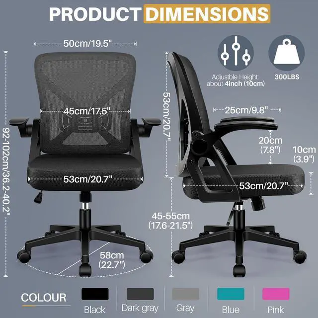 Alt view image 3 of 7 - FelixKing Office Chair - Ergonomic Desk Chair Breathable Mesh Task with Wheels and Lumbar Support Home Desk Office Chairs with Flip up Armrest Rolling Swivel for Home Computer Black