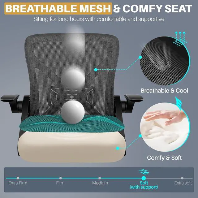 Alt view image 5 of 7 - FelixKing Office Chair - Ergonomic Desk Chair Breathable Mesh Task with Wheels and Lumbar Support Home Desk Office Chairs with Flip up Armrest Rolling Swivel for Home Computer Black