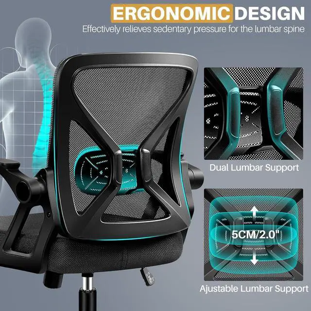 Alt view image 6 of 7 - FelixKing Office Chair - Ergonomic Desk Chair Breathable Mesh Task with Wheels and Lumbar Support Home Desk Office Chairs with Flip up Armrest Rolling Swivel for Home Computer Black