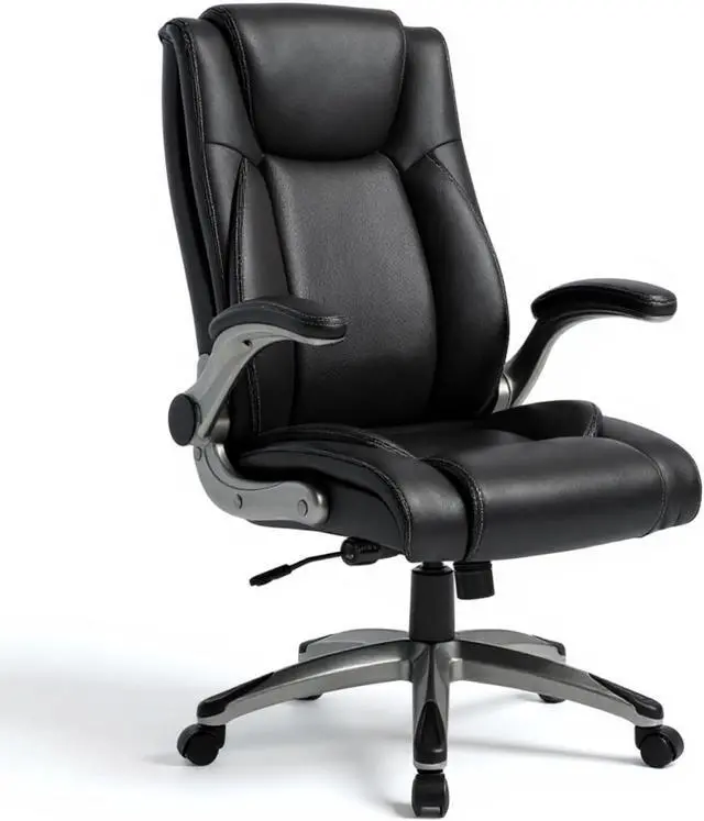 Main image of COLAMY High Back Leather Office Chair with Adjustable Lumbar Support Knob, Flip-Up Armrests, Thick Cushioned Seat, Rocking Function, Ergonomic Desk Chair for Home Office or Study, Black