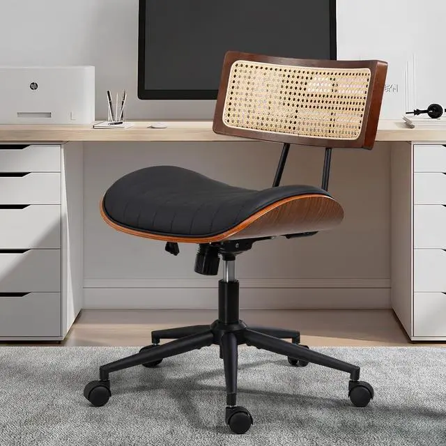 Main image of Home Office Chair with Wheels, Adjustable Height Desk Chair with Rattan Backrest, Leather Swivel Computer Chair, Armless Modern Walnut Chair for Office, Meeting Room, Black