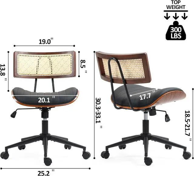 Alt view image 2 of 7 - Home Office Chair with Wheels, Adjustable Height Desk Chair with Rattan Backrest, Leather Swivel Computer Chair, Armless Modern Walnut Chair for Office, Meeting Room, Black