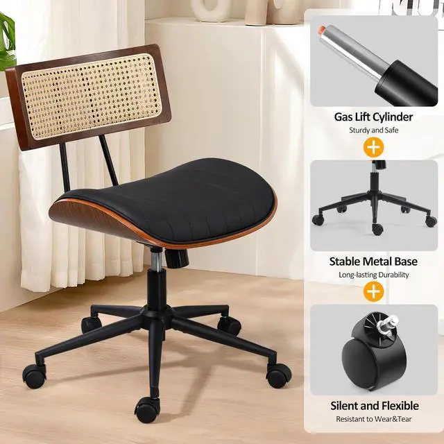 Alt view image 3 of 7 - Home Office Chair with Wheels, Adjustable Height Desk Chair with Rattan Backrest, Leather Swivel Computer Chair, Armless Modern Walnut Chair for Office, Meeting Room, Black