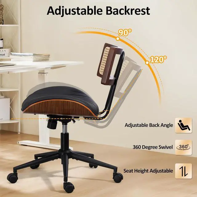 Alt view image 4 of 7 - Home Office Chair with Wheels, Adjustable Height Desk Chair with Rattan Backrest, Leather Swivel Computer Chair, Armless Modern Walnut Chair for Office, Meeting Room, Black