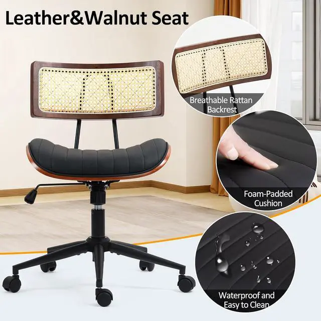 Alt view image 5 of 7 - Home Office Chair with Wheels, Adjustable Height Desk Chair with Rattan Backrest, Leather Swivel Computer Chair, Armless Modern Walnut Chair for Office, Meeting Room, Black